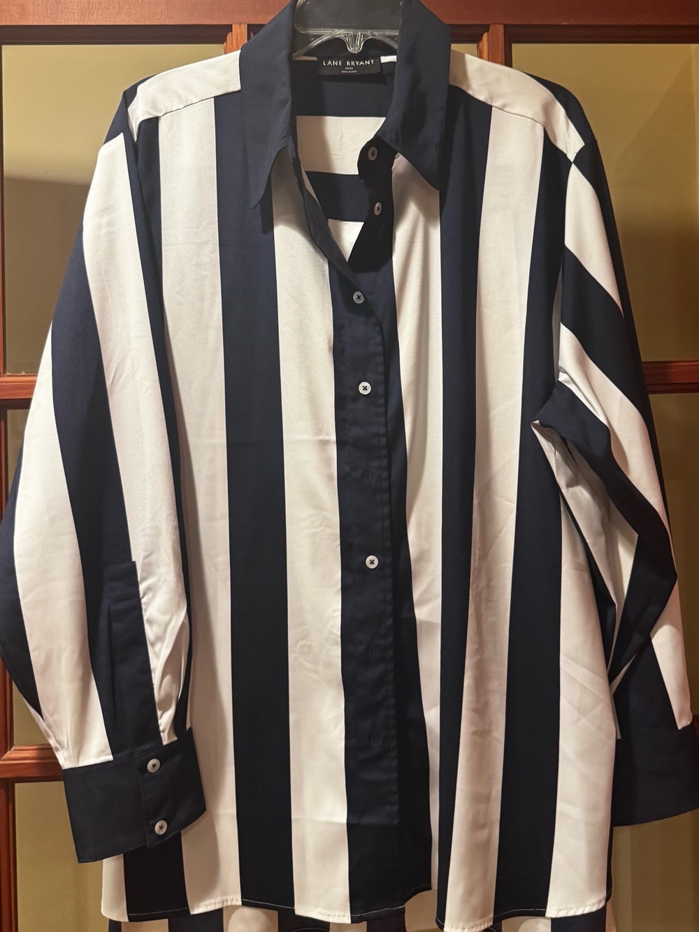 Lane Bryant Navy and White Vertical Stripe Button-Down Shirt